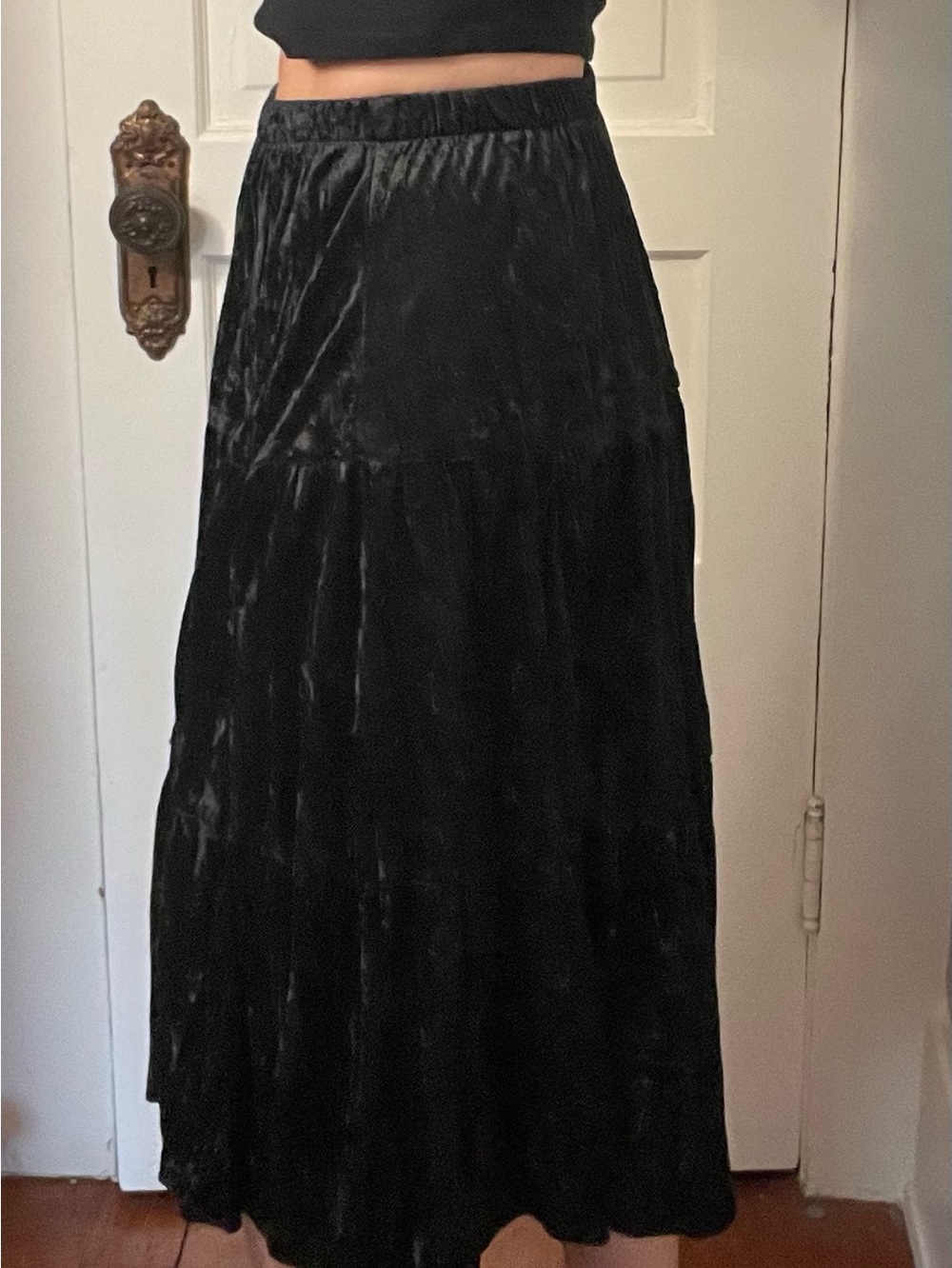 Vintage Black Velvet Maxi Skirt - Women's Long Tiered Skirt